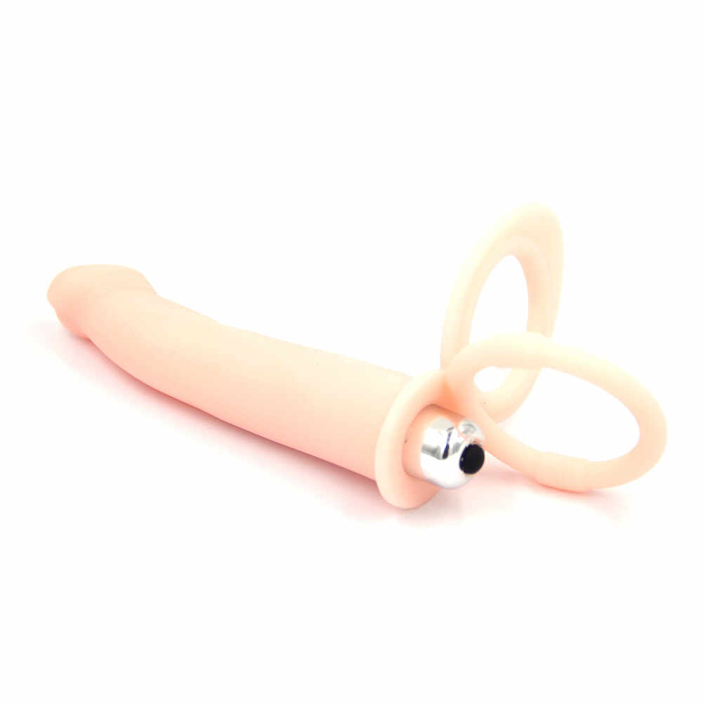 Inel Dublu de Penis cu Stimulator Anal 10 Moduri Vibratii Silicon Natural Mokko Toys